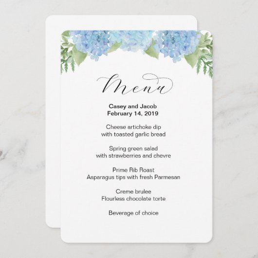 Menu de mariage avec hydrangeas floraux bleus (Devant / Derrière)
