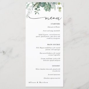 Menu de mariage avec plantes grasses et eucalyptus