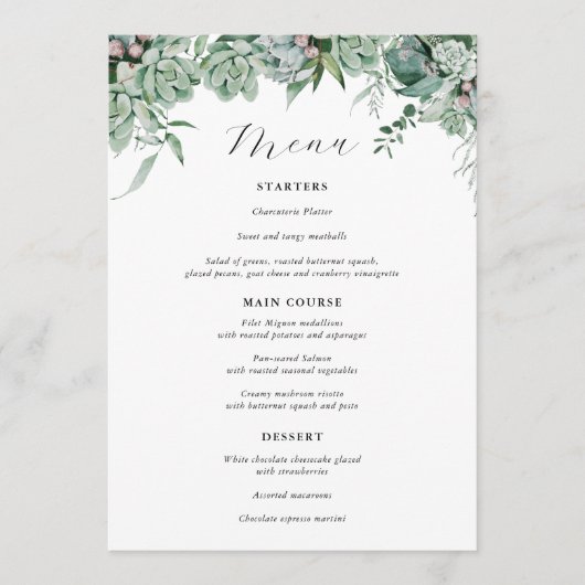 Menu de mariage avec plantes succulentes et d'euca (Devant)