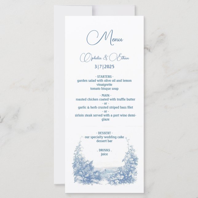 Menu de mariage Baroque Typographie Bleu Poussiére (Devant)