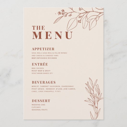 Menu de mariage beige boho avec illustrations flor (Devant)