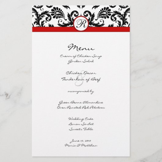 Menu de mariage Black Damask Red Trim (Devant)