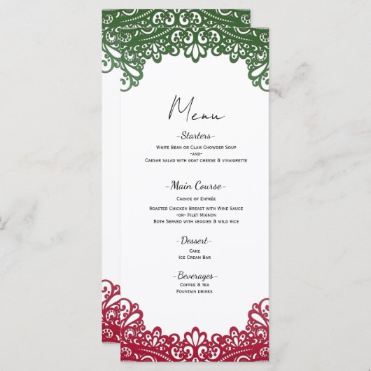 Menu de mariage blanc élégant Fiesta vert et rouge (Devant / Derrière)