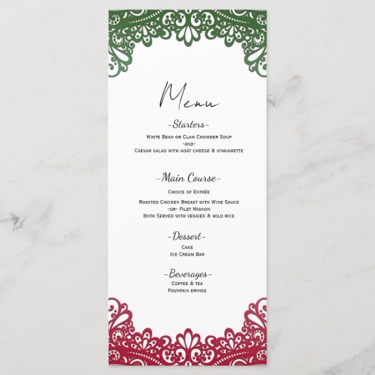 Menu de mariage blanc élégant Fiesta vert et rouge (Devant)