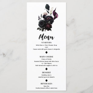 Menu de mariage blanc floral romantique sombre et 