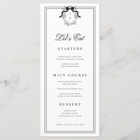 Menu de mariage blanc Let's Eat avec monogramme de (Devant)