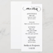 Menu de mariage blanc sur fond noir en typographie (Devant / Derrière)