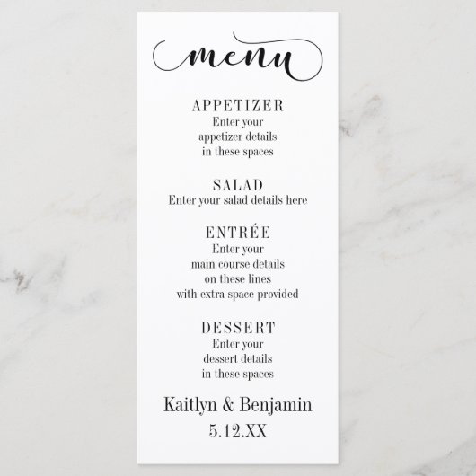 Menu de mariage blanc sur fond noir en typographie (Devant)