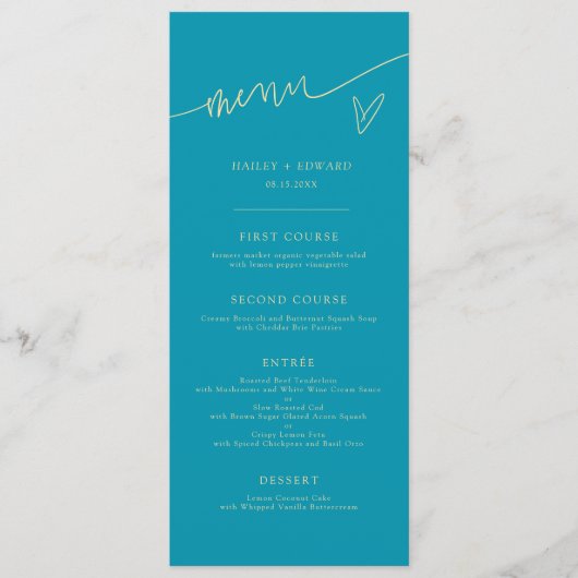 Menu de mariage bleu aqua écriture moderne (Devant)