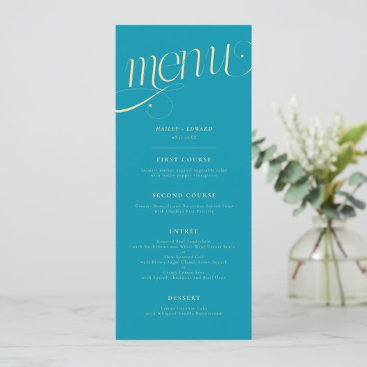 Menu de mariage bleu aqua tourbillon élégant (Debout devant)