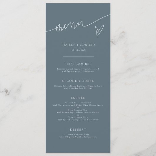 Menu de mariage bleu ardoise écriture moderne (Devant)