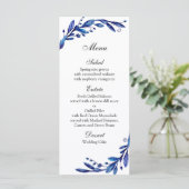 Menu de mariage bleu botanique. Menu de dîner d'hi (Debout devant)