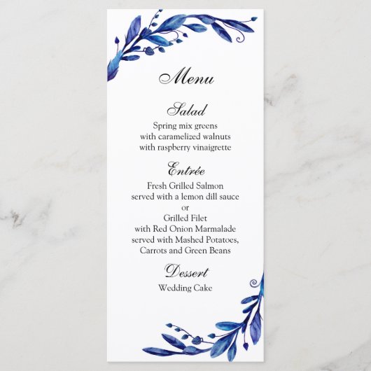 Menu de mariage bleu botanique. Menu de dîner d'hi (Devant)