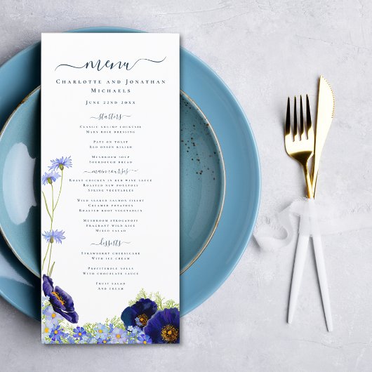 Menu de mariage bleu de fleurs sauvages modernes