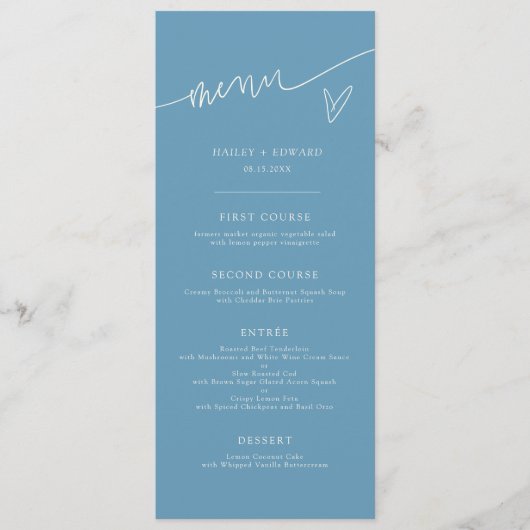 Menu de mariage bleu denim écriture moderne (Devant)
