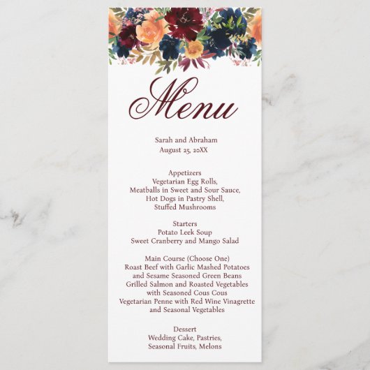 Menu de mariage bleu marine Bourgogne vin or (Devant)