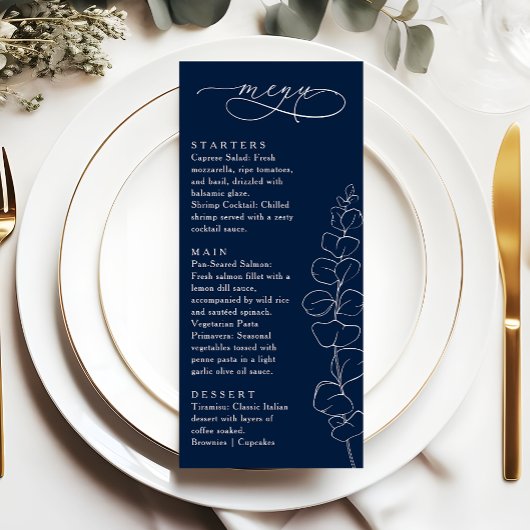 Menu de mariage bleu marine Eucalyptus Spring