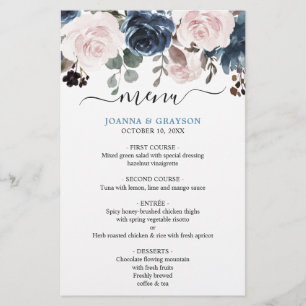 Menu de Mariage bleu pâle rose rose pâle