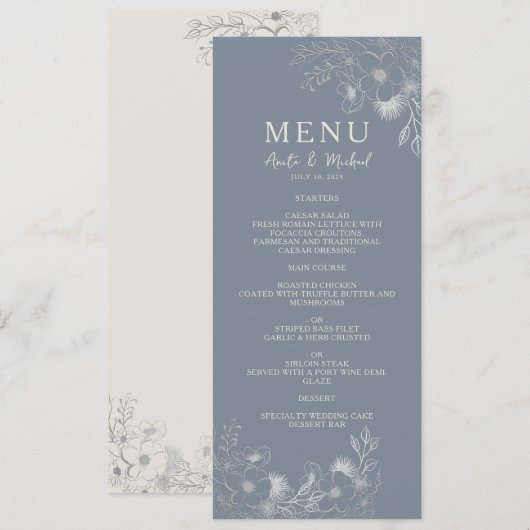 Menu de mariage bleu poussiéreux vintage (Devant / Derrière)