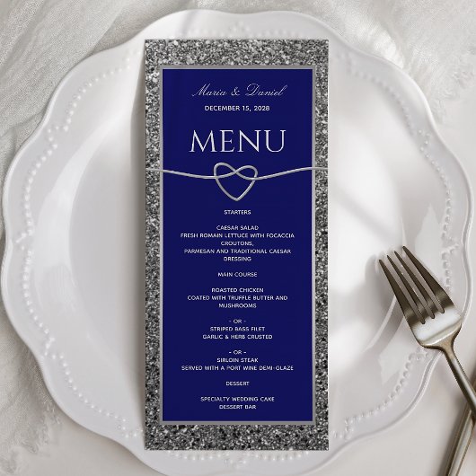 Menu de mariage bleu royal paillettes argentées