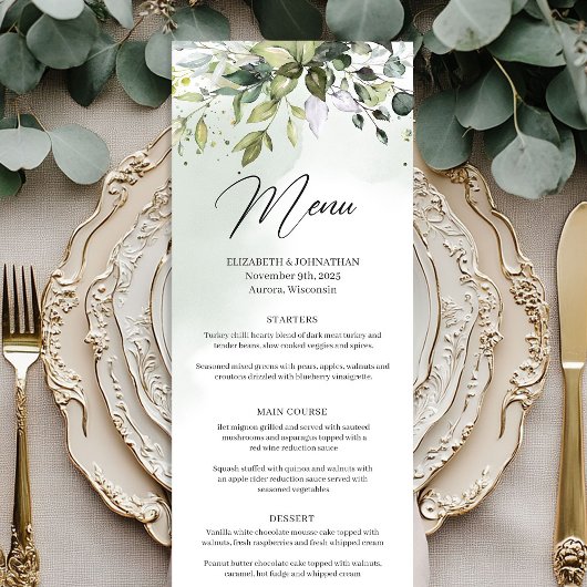 Menu de mariage bohème avec verdure et eucalyptus 