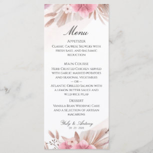 Menu de mariage bohème chic avec rose romantique e