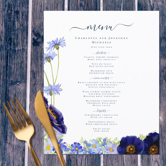 Menu de mariage bohème moderne à fleurs bleues