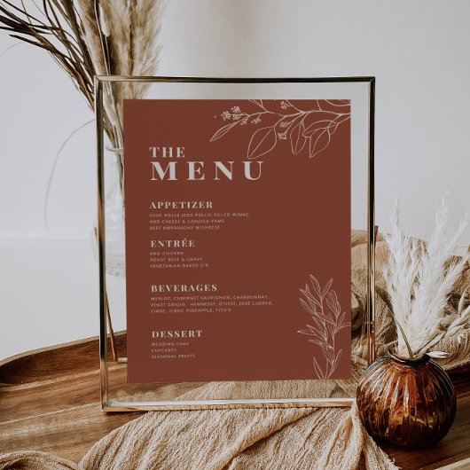 Menu de mariage boho en terre cuite avec illustrat
