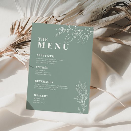 Menu de mariage boho vert sauge avec illustration 