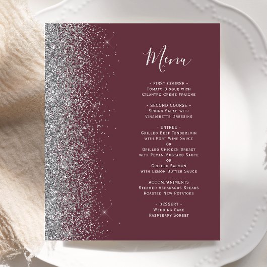 Menu de mariage Bord Paillettes Argent Bourgogne É