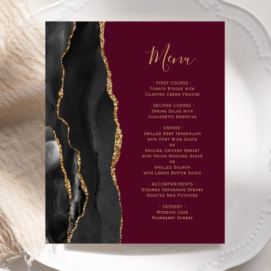 Menu de mariage bordeaux agate noir or budget