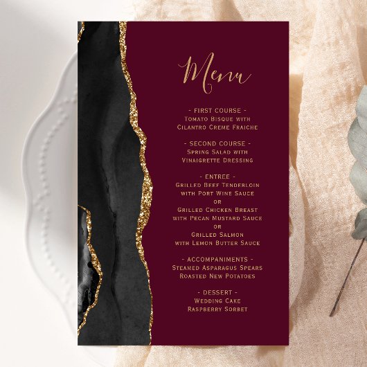 Menu de mariage bordeaux agate noir or grand budge