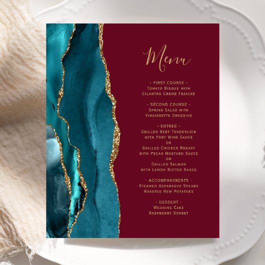 Menu de mariage bordeaux agate sarcelle doré sur b