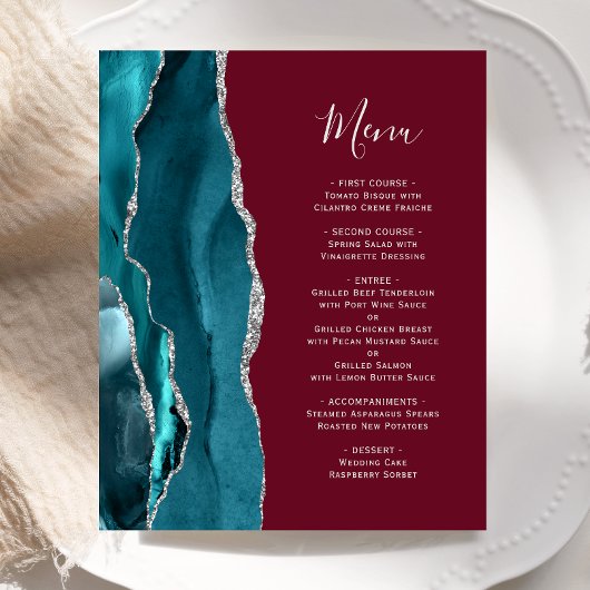 Menu de mariage bordeaux argent sarcelle Budget