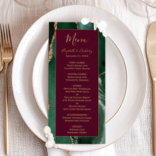 Menu de mariage bordeaux écriture or vert émeraude