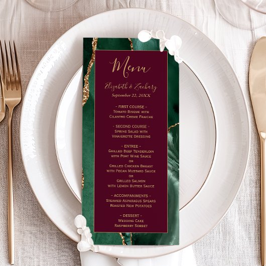 Menu de mariage bordeaux écriture or vert émeraude