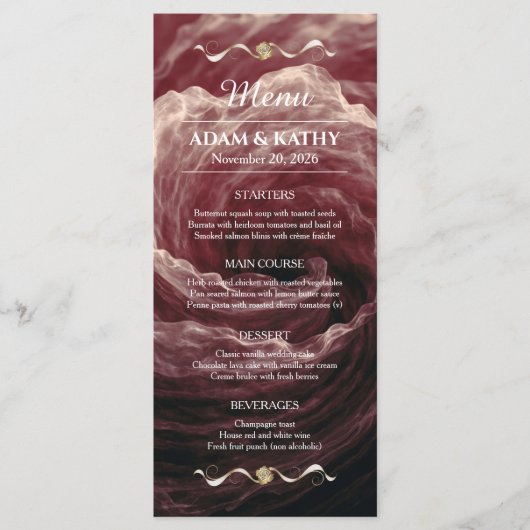 Menu de mariage bordeaux rose rouge romantique (Devant)