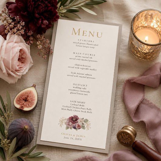 Menu de mariage botanique à la prune et à l'olive