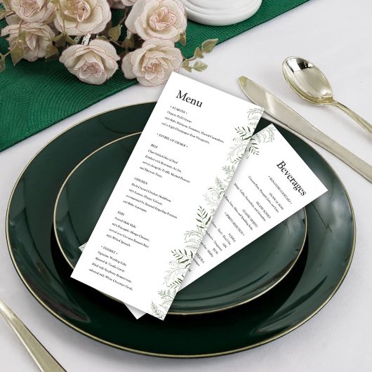 Menu de mariage botanique avec boissons et verdure