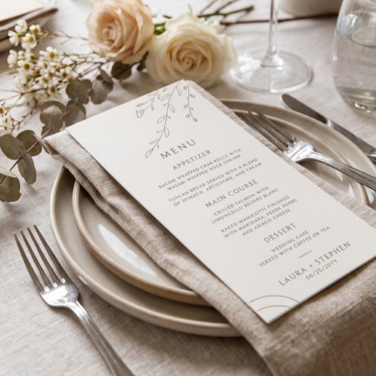 Menu de mariage botanique beige neutre moderne