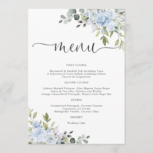 Menu de mariage botanique bleu doux (Devant)