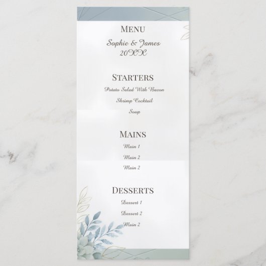 Menu de mariage botanique bleu pâle (Devant)
