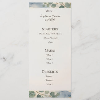Menu de mariage botanique bleu-vert