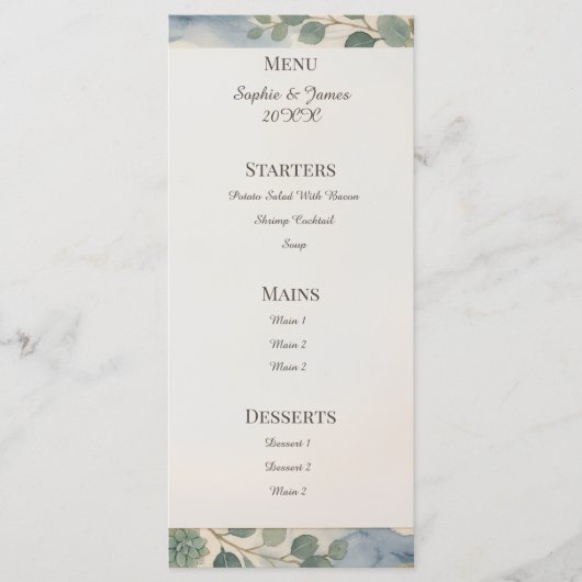 Menu de mariage botanique bleu-vert (Devant)