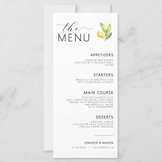 Menu de Mariage botanique de citron méditerranéen (Devant)