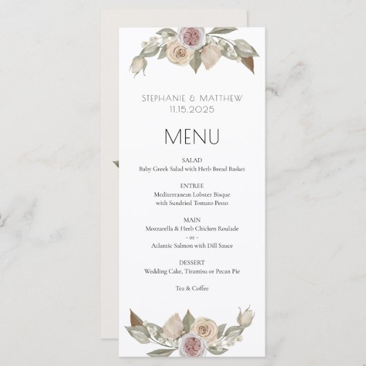 Menu de Mariage botanique de couleur rose pâle (Devant / Derrière)