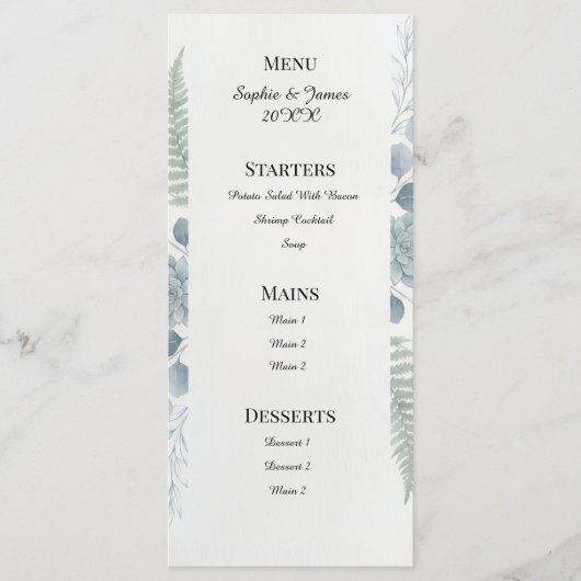 Menu de mariage botanique gris bleu (Devant)