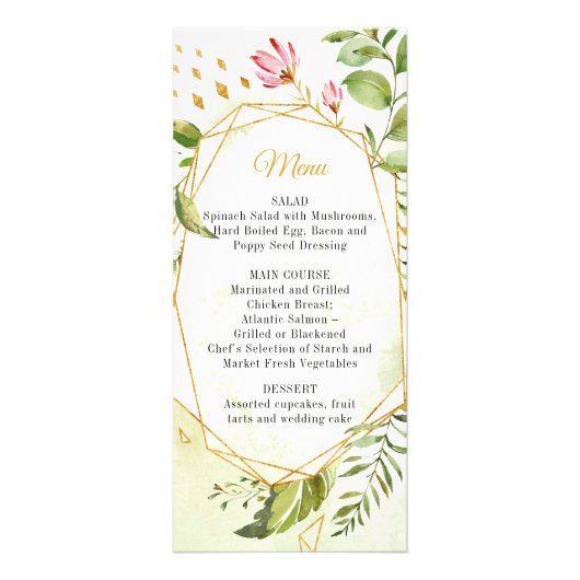 Menu de mariage botanique rose vert or géométrique (Devant)