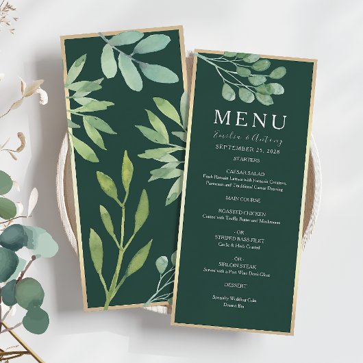 Menu de mariage botanique vert émeraude