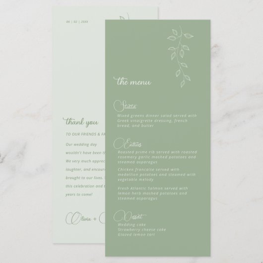 Menu de mariage Botaniques & Vert sauge (Devant / Derrière)